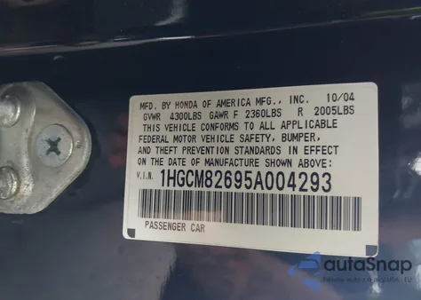 2005 Honda Accord 3.0 Ex from USA, damaged, VIN 1HGCM82695A004293